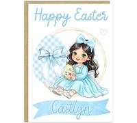 Personalised Happy Easter Card For Girls - Custom Name Little Girl With Bunny Chick Eggs - Brown Blonde Black Hair Choices - Thoughtful Easter Keepsake For Daughter or Granddaughter (Black Hair)