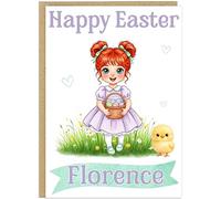 Personalised Happy Easter Card for Girls - Customised Name Little Girl's Easter Egg Chick Designs - Blonde Ginger Black Hair Options For Daughter Grandaughter Niece Sister (Ginger Hair 2)