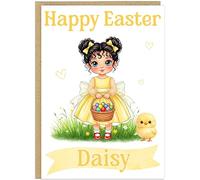 Personalised Happy Easter Card for Girls - Customised Name Little Girl's Easter Egg Chick Designs - Blonde Ginger Black Hair Options For Daughter Grandaughter Niece Sister (Black Hair 1)