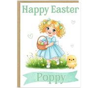 Personalised Happy Easter Card for Girls - Customised Name Little Girl's Easter Egg Chick Designs - Blonde Ginger Black Hair Options For Daughter Grandaughter Niece Sister (Blonde Hair 3)
