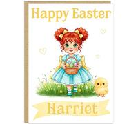 Personalised Happy Easter Card for Girls - Customised Name Little Girl's Easter Egg Chick Designs - Blonde Ginger Black Hair Options For Daughter Grandaughter Niece Sister (Ginger Hair 5)