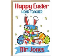Personalised Happy Easter Card for Male Teacher - Custom Teachers Name & Profession Bunny Books Design - Thank You Male Teachering Assistant Head SEND Nursery Key Worker Gift (Design 4)