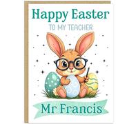 Personalised Happy Easter Card for Male Teacher - Custom Teachers Name & Profession Bunny Books Design - Thank You Male Teachering Assistant Head SEND Nursery Key Worker Gift (Design 8)