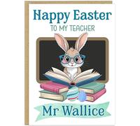 Personalised Happy Easter Card for Male Teacher - Custom Teachers Name & Profession Bunny Books Design - Thank You Male Teachering Assistant Head SEND Nursery Key Worker Gift (Design 2)