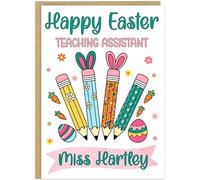 Personalised Happy Easter Card for Teachers - Custom Teacher Name & Profession Bunny Eggs Design - Thank You Teaching Assistant Easter Greeting Cards For Head Teacher (Design 7)