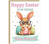 Personalised Happy Easter Card for Teachers - Custom Teacher Name & Profession Bunny Eggs Design - Thank You Teaching Assistant Easter Greeting Cards For Head Teacher (Design 2)