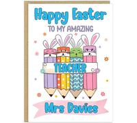 Personalised Happy Easter Card for Teachers - Custom Teacher Name & Profession Bunny Eggs Design - Thank You Teaching Assistant Easter Greeting Cards For Head Teacher (Design 4)