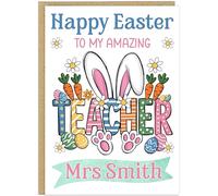 Personalised Happy Easter Card for Teachers - Custom Teacher Name & Profession Bunny Eggs Design - Thank You Teaching Assistant Easter Greeting Cards For Head Teacher (Design 1)