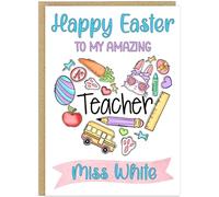 Personalised Happy Easter Card for Teachers - Custom Teacher Name & Profession Bunny Eggs Design - Thank You Teaching Assistant Easter Greeting Cards For Head Teacher (Design 3)