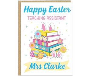 Personalised Happy Easter Card for Teachers - Custom Teacher Name & Profession Bunny Eggs Design - Thank You Teaching Assistant Easter Greeting Cards For Head Teacher (Design 8)