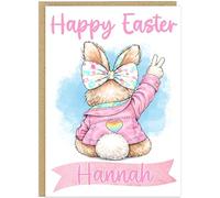 Personalised Happy Easter Celebration Cards for Girls - Custom Add Own Name on Banner 10 Designs Cute Bunny Rabbits Floral Egg Theme Alternative Special Keepsake Gift (Design 2)