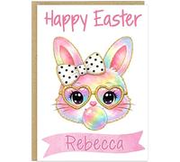 Personalised Happy Easter Celebration Cards for Girls - Custom Add Own Name on Banner 10 Designs Cute Bunny Rabbits Floral Egg Theme Alternative Special Keepsake Gift (Design 6)