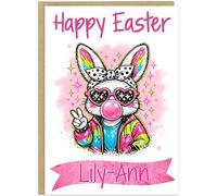 Personalised Happy Easter Celebration Cards for Girls - Custom Add Own Name on Banner 10 Designs Cute Bunny Rabbits Floral Egg Theme Alternative Special Keepsake Gift (Design 7)