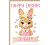 Personalised Happy Easter Celebration Cards for Girls - Custom Add Own Name on Banner 10 Designs Cute Bunny Rabbits Floral Egg Theme Alternative Special Keepsake Gift (Design 5)