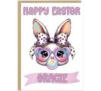 Personalised Happy Easter Celebration Cards for Girls - Custom Add Own Name on Banner 10 Designs Cute Bunny Rabbits Floral Egg Theme Alternative Special Keepsake Gift (Design 4)
