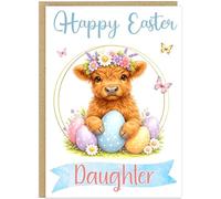Personalised Happy Easter Children's Cards - Highland Cow Theme Custom Name Granddaughter Grandson Niece Nephew Kids 5 Cute Calf Designs A5 Greeting Card Alternative Gift (Design 1)