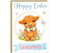 Personalised Happy Easter Children's Cards - Highland Cow Theme Custom Name Granddaughter Grandson Niece Nephew Kids 5 Cute Calf Designs A5 Greeting Card Alternative Gift (Design 3)