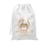 Personalised Happy Easter Drawstring Bag, White & Pink, Watercolour Bunny with Egg Basket Design, Custom Name Gift Sack (Pink)