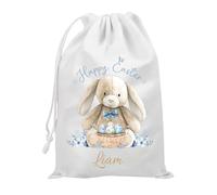 Personalised Happy Easter Drawstring Bag, White & Pink, Watercolour Bunny with Egg Basket Design, Custom Name Gift Sack (Blue)