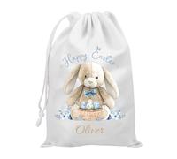 Personalised Happy Easter Drawstring Bag, White with Watercolour Blue Bunny Design, Custom Name Gift Sack
