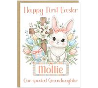 Personalised Happy First Easter Baby's Card - Custom Own Name & Text Cute Bunny Design - For Boy or Girl - Toddler 1st Easter Greeting A5 Cards (Pink)