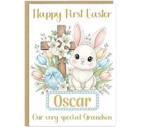 Personalised Happy First Easter Baby's Card - Custom Own Name & Text Cute Bunny Design - For Boy or Girl - Toddler 1st Easter Greeting A5 Cards (Blue)