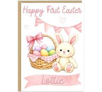 Personalised Happy First Easter Children's Name Card - Customised Bunny Theme Eggs - Blue Pink Options - Kid's 1st Easter Boy Girl Greetings Card (Pink)