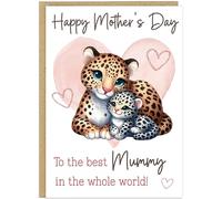 Personalised Happy Mother's Day Greeting Cards Custom Own Name For Mummy Mum Grandma Nanny Nan Best in World Cute Heart Animal Designs in A5 (Leopards)