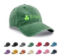 Personalised Hat, Embroidered Baseball Cap, Cotton Custom Hat with Clover, Washed Baseball Cap Distressed Stonewash Vintage Style Baseball Hat for St Patrick's Day (UK, Alpha, One Size, Dark Green)