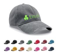 Personalised Hat, Embroidered Baseball Cap, Cotton Custom Hat with Clover, Washed Baseball Cap Distressed Stonewash Vintage Style Baseball Hat for St Patrick's Day (UK, Alpha, One Size, Light Grey)