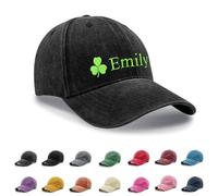 Personalised Hat, Embroidered Baseball Cap, Cotton Custom Hat with Clover, Washed Baseball Cap Distressed Stonewash Vintage Style Baseball Hat for St Patrick's Day (UK, Alpha, One Size, Black)