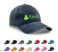 Personalised Hat, Embroidered Baseball Cap, Cotton Custom Hat with Clover, Washed Baseball Cap Distressed Stonewash Vintage Style Baseball Hat for St Patrick's Day (UK, Alpha, One Size, Navy)