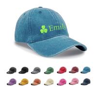 Personalised Hat, Embroidered Baseball Cap, Cotton Custom Hat with Clover, Washed Baseball Cap Distressed Stonewash Vintage Style Baseball Hat for St Patrick's Day (UK, Alpha, One Size, Blue)