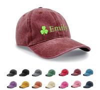 Personalised Hat, Embroidered Baseball Cap, Cotton Custom Hat with Clover, Washed Baseball Cap Distressed Stonewash Vintage Style Baseball Hat for St Patrick's Day (UK, Alpha, One Size, Burgundy)