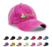 Personalised Hat, Embroidered Baseball Cap, Cotton Custom Hat with Clover, Washed Baseball Cap Distressed Stonewash Vintage Style Baseball Hat for St Patrick's Day (UK, Alpha, One Size, Dark Pink)