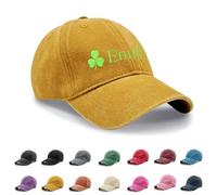 Personalised Hat, Embroidered Baseball Cap, Cotton Custom Hat with Clover, Washed Baseball Cap Distressed Stonewash Vintage Style Baseball Hat for St Patrick's Day (UK, Alpha, One Size, Yellow)