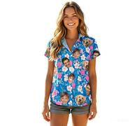 Personalised Hawaiian Shirt for Women with Custom Face Photo, 1-5 Face, 10 Colours, Tropical Short Sleeve Summer Top - Personalised Funny Shirt for Beach, Holiday, Wedding, Party (Blue Pink 2)