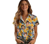 Personalised Hawaiian Shirt for Women with Custom Face Photo, 1-5 Face, 10 Colours, Tropical Short Sleeve Summer Top - Personalised Funny Shirt for Beach, Holiday, Wedding, Party (Blue Yellow 2)