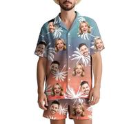 Personalised Hawaiian Shirt Set for Men with Custom Face Photo - 2-Piece Short Sleeve Top & Shorts, 1-5 Photos, 15 Colours - Personalised Summer Outfit for Holiday, Wedding, Party (Orange)