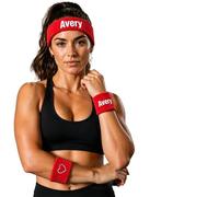 Personalised Headband And Wristbands with Embroidery Text Logo, Elastic Sports Headband 1Pc And Wristbands 2Pc, High Sweat Band for Running, Fitness, Tennis, Badminton, Outdoor Activities (red)