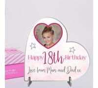 Personalised Heart Birthday Plaque with Photo, Age & Name - Custom Gift for 18th, 21st, 30th, 40th, 50th & More - Freestanding Keepsake - Perfect for Daughters (Acrylic, Small: 8cm x 8.5cm)