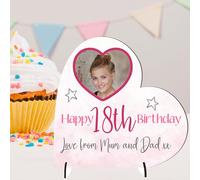Personalised Heart Birthday Plaque with Photo, Age & Name - Custom Gift for 18th, 21st, 30th, 40th, 50th & More - Freestanding Keepsake - Perfect for Daughters (MDF Wood, Large: 18.5cm x 19cm)