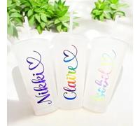 Personalised Heart Name Cold Cup with Straw and Lid, 24oz Reusable Venti Tumbler, Hen Party Favours, Christmas Secret Santa, Birthday Gift for Kids and Adults, Iced Coffee, Latte