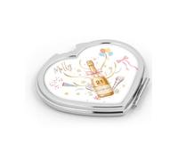 Personalised Heart-Shaped Compact Mirror, Birthday Champagne Bottle Celebration Design, Silver, Comes in Gift Box, Gift For Her Girls 18th 21st 30th 40th 50th 60th 70th Birthday