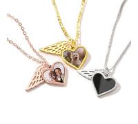 Personalised Heat-Activated Hidden Photo Angel Wing Heart Necklace with Engraved on Back, Custom Picture & Text Memorial Sympathy Necklace Color Changing with Temperature Gifts for Women Men Mother