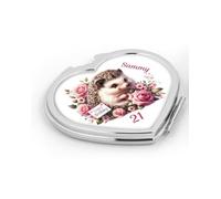 Personalised Hedgehog Birthday Design Silver Heart Shaped Compact Mirror Gift For Girls|Her|Ladies|Women|18th|21st|30th|40th|50th|60th|65th|70th|80th Daughter|Mum|Nan