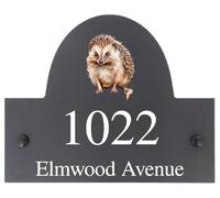 Personalised Hedgehog Wildlife Animal Motif Arch Top Slate Sign - 25x20cm | Natural Stone Slate House Name or House Number Plaque Sign - Premium Smooth Stone Slate - Includes Wall Screws