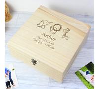 Personalised Hessian Friends Large Wooden Keepsake Box I Safari Baby Christening