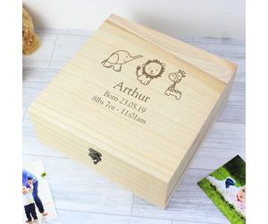Personalised Hessian Friends Large Wooden Keepsake Box I Safari Baby Christening