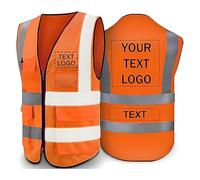 Personalised Hi Vis Vest with Pockets Zip Printed Custom Safety Vests for Men High Visibility Protective Workwear with Reflective Strip - Add Your Logo (Orange, XXL)